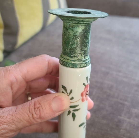 Pair of green metal and painted porcelain - Picture 4 of 10